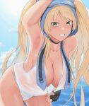  1girl absurdres arm_up armpits azur_lane bangs bare_shoulders bikini bikini_bottom_only black_choker black_gloves blonde_hair blue_sky breasts choker cleavage cloud collarbone commentary_request cowboy_shot day fingerless_gloves gloves goggles goggles_on_head green_eyes highres hornet_(azur_lane) hornet_ii_(azur_lane) hornet_ii_(racing_across_the_waves)_(azur_lane) iryopura large_breasts leaning_forward long_hair looking_at_viewer official_alternate_costume see-through see-through_shirt shirt shirt_tug sidelocks sky sleeveless sleeveless_shirt solo standing sweat swimsuit teeth twintails very_long_hair wet wet_clothes wet_shirt white_bikini white_shirt 