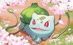  bright_pupils bulbasaur cherry_blossoms commentary_request day grass no_humans open_mouth outdoors petals plant pokemon pokemon_(creature) red_eyes smile solo urata_asao vines walking white_pupils 
