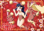  1other 2023 2girls alternate_costume animal_ears animal_nose arms_up bangs bare_legs bare_shoulders black_eyes blue_eyes blush body_fur border breasts brown_footwear brown_fur brown_leotard buneary buneary_(cosplay) cameltoe checkered_background chinese_zodiac clenched_hands collarbone commentary_request cosplay dawn_(pokemon) english_text evolutionary_line flower full_body fur-trimmed_leotard furry furry_female gouguru groin hair_ornament hairclip hand_to_own_mouth hand_up hands_up happy happy_new_year jumping knees_together_feet_apart leg_up legs leotard looking_up lopunny multiple_girls new_year open_mouth orange_border paw_shoes petals pink_eyes playboy_bunny pokemon pokemon_(creature) pokemon_(game) pokemon_dppt rabbit_ears rabbit_girl rabbit_tail red_background sidelocks signature small_breasts smile strapless strapless_leotard tail thick_thighs thighs two-tone_fur white_flower year_of_the_rabbit yellow_fur 