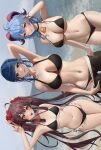  3girls :p absurdres ahoge alternate_costume alternate_hairstyle arm_behind_back arm_behind_head arm_up armpits artist_name ass_visible_through_thighs bangs bare_arms bare_shoulders beach bell bikini bikini_under_clothes black_bikini black_choker black_pants blue_hair blue_sky blush braid breasts brown_hair choker cleavage closed_mouth clothes_pull commentary cowbell cowboy_shot dark_blue_hair day diagonal_bangs dutch_angle earrings english_commentary flower flower-shaped_pupils frilled_bikini frills ganyu_(genshin_impact) genshin_impact goat_horns green_eyes groin hair_flower hair_ornament halterneck hand_in_own_hair hand_on_own_neck highres horns hu_tao_(genshin_impact) jewelry large_breasts linea_alba lips long_hair looking_at_viewer mole mole_on_breast mountainous_horizon multiple_girls navel neck_bell no_shirt ocean outdoors pants pants_pull raised_eyebrows red_eyes red_flower renberry sand shore short_hair sky small_breasts stomach strap_gap string_bikini swimsuit symbol-shaped_pupils thighs tongue tongue_out twintails underboob v very_long_hair water wide_hips yelan_(genshin_impact) 