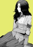  1girl absurdres armband blush closed_mouth greyscale_with_colored_background highres jacket long_hair long_skirt long_sleeves open_clothes open_jacket pieck_finger profile ratatatat74 shingeki_no_kyojin shirt simple_background sitting skirt smile solo yellow_background 