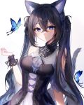  1girl animal_ears arm_at_side bangs bare_shoulders black_dress black_hair blue_butterfly blue_eyes breasts bug butterfly cat_ears collared_dress crossed_bangs detached_sleeves dress expressionless grey_ribbon hand_up highres light_blush long_hair looking_at_viewer medium_breasts neck_ribbon one_side_up original parted_lips pudding_cream ribbon sidelocks simple_background sleeveless sleeveless_dress solo standing twintails upper_body white_background 