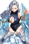  1girl absurdres armored_boots ass_visible_through_thighs bare_shoulders belt blue_hair blue_leotard blurry boots breasts cleavage cleavage_cutout clothing_cutout depth_of_field detached_sleeves fighting_stance highres holding holding_sword holding_weapon jericho_(nanatsu_no_taizai) large_breasts leotard light_blue_hair lips long_hair looking_at_viewer mokushiroku_no_yonkishi nanatsu_no_taizai parted_lips scabbard sheath simple_background skin_tight solo stray_hair sword thigh_boots weapon yellow_eyes yoshio_(55level) 