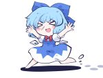  &gt;_&lt; 1girl barefoot blue_bow blue_dress blue_eyes blue_hair blush_stickers bow cirno detached_wings dress fairy fried_rice0614 hair_bow ice ice_wings one-hour_drawing_challenge open_mouth puffy_short_sleeves puffy_sleeves shirt short_hair short_sleeves smile solo touhou white_shirt wings 