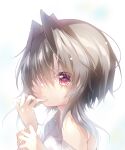  1girl 9-nine- absurdres amatsuji bangs black_hair blurry depth_of_field expressionless eyelashes finger_to_mouth hair_between_eyes hair_intakes hair_over_one_eye hand_on_own_arm hands_up highres light off_shoulder profile red_eyes shirt short_hair_with_long_locks simple_background solo sparkle spiked_hair white_background white_shirt yuuki_noa 