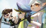  +_+ 3girls :o ;d agent_3_(splatoon) asymmetrical_hair bare_shoulders black_dress black_gloves black_hair blurry blurry_background bow-shaped_hair breasts callie_(splatoon) domino_mask dress earrings fangs food food_on_head gloves gradient_hair hair_over_shoulder headphones highres holding holding_umbrella hood hooded_jacket inkling jacket jewelry leaning_forward long_eyelashes long_hair looking_at_viewer looking_away marie_(splatoon) mask mole mole_under_eye multicolored_hair multiple_girls object_on_head one_eye_closed open_mouth pale_skin pantyhose parasol patchwork_clothes pointy_ears short_hair sideboob silver_choker smile splatoon_(series) splatoon_3 squidbeak_splatoon strapless strapless_dress sushi takkun0926 tentacle_hair thick_eyebrows umbrella v very_long_hair white_hair white_jacket white_pantyhose yellow_eyes 