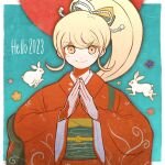  1girl 2023 alternate_hairstyle bangs blonde_hair blush_stickers border bow danganronpa_(series) danganronpa_2:_goodbye_despair green_background hair_bow hair_ornament highres japanese_clothes kimono kiri_(2htkz) long_hair long_sleeves multicolored_bow obi orange_eyes orange_kimono own_hands_together ponytail rabbit rabbit_print saionji_hiyoko sash smile solo upper_body white_border wide_sleeves 