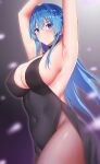  1girl :/ absurdres arind_yudha armpits arms_up backless_dress backless_outfit bangs black_dress blue_eyes blue_hair blush breasts cleavage closed_mouth covered_navel dress goddess_of_victory:_nikke gradient gradient_background hair_intakes helm_(nikke) highres large_breasts long_hair looking_at_viewer purple_background side_slit sideboob solo thighs 