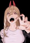  1girl bangs black_background black_coat blonde_hair chainsaw_man claw_pose coat fangs hair_between_eyes highres horns long_hair looking_at_viewer open_mouth power_(chainsaw_man) red_eyes red_horns red_nails sharp_teeth shirt snickerdooble solo_focus teeth v-shaped_eyebrows white_shirt 