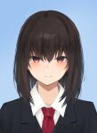  1girl black_jacket blazer blue_background blush brown_hair camonome closed_mouth commentary_request gradient gradient_background jacket looking_at_viewer necktie original red_necktie school_uniform shirt short_hair solo straight-on upper_body white_shirt 