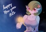  1girl 2023 arm_at_side artist_name bangs bare_shoulders blue_background blush bob_cut breasts buttons closed_mouth clothed_pokemon collarbone colored_skin commentary edna_faline embers english_commentary engrish_commentary fireworks flower gardevoir gradient gradient_background green_hair hair_flower hair_ornament hand_up happy happy_new_year highres holding holding_fireworks large_breasts looking_at_viewer new_year pokemon pokemon_(creature) red_eyes red_flower shirt short_hair simple_background sleeveless sleeveless_shirt smile solo sparkler split_mouth twitter_username upper_body watermark white_shirt white_skin 