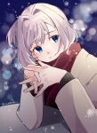  1girl blue_eyes coat grey_coat highres kantai_collection looking_at_viewer official_alternate_costume one-hour_drawing_challenge own_hands_clasped own_hands_together pink_hair ponytail red_scarf scarf shiranui_(kancolle) short_hair smile snow solo u_yuz_xx 