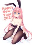  1girl 2023 akeome animal_ears bangs black_leotard black_pantyhose blue_eyes bocchi_the_rock! bow bowtie breasts chinese_zodiac cleavage cube_hair_ornament detached_collar full_body gotou_hitori hair_between_eyes hair_ornament hair_over_eyes happy_new_year highres large_breasts leotard long_hair naan_(naan_1206) one_side_up pantyhose pink_hair playboy_bunny rabbit_ears rabbit_tail red_bow red_bowtie simple_background solo strapless strapless_leotard tail white_background wrist_cuffs year_of_the_rabbit 
