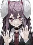  1girl @_@ absurdres animal_ears bangs blazer choker collared_shirt commentary_request floppy_ears hands_up highres hisha_(kan_moko) jacket long_hair long_sleeves looking_at_viewer necktie parted_lips purple_hair rabbit_ears rabbit_girl red_eyes red_necktie reisen_udongein_inaba shirt simple_background solo sweatdrop touhou upper_body white_background white_shirt 