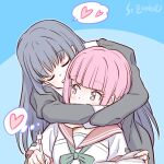  2girls black_dress blue_hair blunt_bangs braid breasts closed_eyes dress heart hug hug_from_behind kamihama_university_affiliated_school_uniform long_hair magia_record:_mahou_shoujo_madoka_magica_gaiden mahou_shoujo_madoka_magica medium_breasts multiple_girls nanami_yachiyo pink_eyes pink_hair school_uniform sidelocks small_breasts spoken_heart studiozombie tamaki_iroha yuri 