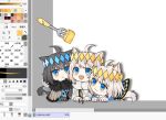  :3 animal_ears black_hair blue_eyes butterfly_wings cape cat_boy cat_ears cat_tail chibi chinese_text crown fang fate/grand_order fate_(series) food fork happy oberon_(fate) open_mouth painttool_sai painttool_sai_(medium) tail uncleko5 white_hair wings 