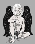  1boy abs aged_down asymmetrical_hair bandaid barefoot black_shorts black_wings cuffs facial_tattoo grey_background hair_over_one_eye handcuffs highres king_(one_piece) male_focus medium_hair one_piece sa_(3_miso_3) shorts signature sitting tattoo topless_male white_hair wings 