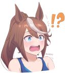  !? 1girl alternate_costume animal_ears artist_name blue_eyes blush brown_hair ear_ornament hair_between_eyes highres horse_ears horse_girl mukakin multicolored_hair open_mouth ponytail simple_background streaked_hair surprised teeth tokai_teio_(umamusume) umamusume upper_body upper_teeth_only white_background 