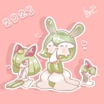  1other 2023 2girls :3 =_= animal_ears artist_name bangs blunt_bangs blush bob_cut bowl_cut character_cutout chinese_zodiac closed_eyes closed_mouth colored_skin commentary_request covered_eyes drop_shadow eating evolutionary_line flat_chest food food_on_head fruit full_body gardevoir green_hair green_skin hair_between_eyes hair_over_eyes hair_over_one_eye hand_to_own_mouth hand_up hands_up happy heart highres holding holding_stuffed_toy ingo_(rizumu) kirlia mandarin_orange medium_hair mochi multicolored_skin multiple_girls nose_blush notice_lines object_on_head one_eye_covered outline own_hands_together pokemon pokemon_(creature) rabbit_ears rabbit_girl ralts red_background red_eyes shiny shiny_hair short_hair signature simple_background sitting smile sparkle stuffed_animal stuffed_bunny stuffed_toy two-tone_skin white_outline white_skin year_of_the_rabbit yokozuwari 