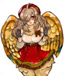  1girl ahoge animal_hands belt bird_legs blush breasts brown_hair commentary_request eva_(pumpkin_cat04) feathered_wings feathers glasses hair_intakes hair_over_one_eye harpy highres long_hair monster_girl neck_ruff off-shoulder_shirt off_shoulder one_eye_covered open_mouth red-framed_eyewear red_skirt semi-rimless_eyewear shirt simple_background skirt solo tokyo_afterschool_summoners white_shirt wings ziz_(housamo) 