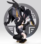  1boy 1girl 2023 absurdres animal_hands black_hair black_jacket black_pants black_sclera black_thighhighs boots bow bowtie breasts bunny_pose chinese_zodiac cleavage colored_sclera cropped_jacket fewer_digits furry furry_male grey_leotard grey_shirt hair_over_one_eye highleg highleg_leotard highres jacket kicking large_breasts leotard looking_at_viewer necktie one_eye_covered open_clothes open_jacket original pants parted_lips playboy_bunny rabbit_girl ratatatat74 shirt squatting standing standing_on_one_leg sunglasses thighhighs traditional_bowtie year_of_the_rabbit yellow_bow yellow_bowtie yellow_eyes yellow_necktie 