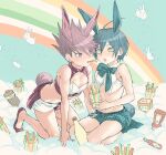  2boys aged_down alternate_costume animal_ears bangs bare_arms bare_shoulders black_footwear black_shorts collarbone crop_top crossdressing danganronpa_(series) danganronpa_v3:_killing_harmony food french_fries ketchup_bottle kneeling looking_at_another male_focus momota_kaito multiple_boys navel ore_sensei pink_hair rabbit_boy rabbit_ears rabbit_tail rainbow saihara_shuuichi shared_food shiny shiny_hair shirt shorts sitting spiked_hair striped striped_shorts tail white_shirt 