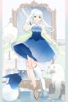  1girl :d blue_dress box cat couch dress euphie_(pixiv_fantasia_age_of_starlight) gift gift_box green_eyes green_wings indoors long_hair long_legs mirror pa_(itapa613) pixiv_fantasia pixiv_fantasia_age_of_starlight sleeveless sleeveless_dress smile standing white_cat white_hair wings 