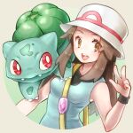  1girl :d breasts brown_eyes brown_hair bucket_hat bulbasaur commentary_request green_shirt hair_flaps hand_up hat leaf_(pokemon) long_hair on_shoulder open_mouth pokemon pokemon_(creature) pokemon_(game) pokemon_frlg pokemon_on_shoulder s_(happycolor_329) shirt sleeveless sleeveless_shirt smile teeth tongue upper_teeth_only vs_seeker white_headwear wristband 