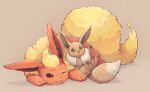  :d brown_background closed_mouth commentary_request eevee flareon happy lying no_humans on_stomach one_eye_closed pokemon pokemon_(creature) red_eyes s_(happycolor_329) smile twitter_username watermark 