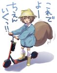  1girl animal_ear_headwear arknights atte_nanakusa boots brown_eyes brown_hair child commentary_request hat highres kick_scooter kindergarten_uniform long_sleeves looking_at_viewer name_tag open_mouth school_hat shaw_(arknights) solo squirrel_tail standing tail thighhighs translated white_thighhighs yellow_footwear yellow_headwear 