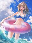  1girl :d absurdres ahoge akamatsu_kaede alternate_costume bangs bare_arms bare_shoulders bikini blonde_hair blue_bikini breasts cleavage commentary danganronpa_(series) danganronpa_s:_ultimate_summer_camp danganronpa_v3:_killing_harmony day hair_ornament highres innertube large_breasts long_hair looking_at_viewer musical_note musical_note_hair_ornament navel official_alternate_costume outdoors pink_eyes smile solo stomach swimsuit symbol-only_commentary teeth upper_teeth_only visket53 wading water 