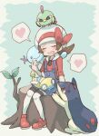  1girl blue_overalls blush bow brown_hair cabbie_hat closed_eyes commentary_request dunsparce hat hat_bow heart long_hair lyra_(pokemon) natu open_mouth overalls pigeon-toed pokemon pokemon_(creature) pokemon_(game) pokemon_hgss quilava red_bow red_footwear red_shirt s_(happycolor_329) shirt shoes sitting sitting_on_tree_stump spoken_heart thighhighs tree_stump twintails white_headwear wooper 