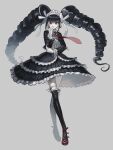  1girl bangs black_hair black_jacket black_skirt black_thighhighs bonnet celestia_ludenberg center_frills claw_ring commentary_request danganronpa:_trigger_happy_havoc danganronpa_(series) dress_shirt drill_hair earrings frilled_sleeves frills gothic_lolita grey_background hand_up highres jacket jewelry layered_skirt lolita_fashion long_hair long_sleeves looking_at_viewer necktie open_clothes open_jacket red_eyes red_footwear red_necktie shirt shoes simple_background skirt smile solo thighhighs twin_drills twintails visket53 