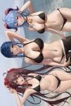  3girls :p ahoge alternate_costume alternate_hairstyle arm_behind_back arm_behind_head arm_up armpits artist_name ass_visible_through_thighs bangs bare_arms bare_shoulders beach bell bikini bikini_under_clothes black_bikini black_choker black_pants blue_hair blue_sky blush braid breasts brown_hair choker cleavage closed_mouth clothes_pull commentary cowbell cowboy_shot dark_blue_hair day diagonal_bangs dutch_angle earrings english_commentary exif_rotation flower flower-shaped_pupils frilled_bikini frills ganyu_(genshin_impact) genshin_impact goat_horns green_eyes groin hair_flower hair_ornament halterneck hand_in_own_hair hand_on_own_neck highres horns hu_tao_(genshin_impact) jewelry large_breasts linea_alba lips long_hair looking_at_viewer mole mole_on_breast mountainous_horizon multiple_girls navel neck_bell no_shirt ocean outdoors pants pants_pull raised_eyebrows red_eyes red_flower renberry rotated sand shore short_hair sky small_breasts stomach strap_gap string_bikini swimsuit symbol-shaped_pupils thighs tongue tongue_out twintails underboob v very_long_hair water wide_hips yelan_(genshin_impact) 
