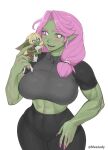  2girls :d blonde_hair blue_eyes blush breasts closed_mouth covered_navel earrings female_goblin female_orc fingernails goblin hair_over_shoulder highres jewelry large_breasts large_ears leggings little_goblin_(roxxxan) midriff minigirl multiple_girls muscular muscular_female nail_polish open_mouth orc original pink_eyes pink_hair pink_nails pointy_ears roxxxan simple_background smile stuffed_animal stuffed_bunny stuffed_toy veins veiny_arms white_background 