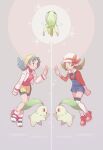  2girls bangs bike_shorts blue_eyes blue_overalls bow brown_hair celebi chikorita commentary_request cropped_jacket flipped_hair hand_up hat hat_bow jacket knees kris_(pokemon) long_sleeves lyra_(pokemon) multiple_girls overalls pokemon pokemon_(creature) pokemon_(game) pokemon_gsc pokemon_hgss red_bow red_footwear red_shirt s_(happycolor_329) shirt shoes thighhighs twintails white_headwear white_jacket white_thighhighs yellow_headwear 