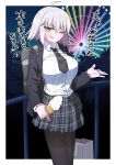  1girl absurdres ahoge akitokage backpack bag bangs black_jacket black_pantyhose black_skirt breasts collared_shirt dress_shirt fate/grand_order fate_(series) ferris_wheel food grey_hair highres ice_cream ice_cream_cone jacket jeanne_d&#039;arc_alter_(avenger)_(fate) jeanne_d&#039;arc_alter_(fate) large_breasts long_sleeves looking_at_viewer necktie night night_sky one_eye_closed open_clothes open_jacket open_mouth pantyhose plaid plaid_skirt shirt short_hair skirt sky smile solo translation_request white_shirt yellow_eyes 