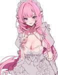  1girl bad_id bad_twitter_id blue_eyes blush breasts chungu cleavage dress elysia_(honkai_impact) elysia_(miss_pink_elf)_(honkai_impact) frilled_hairband frills hairband honkai_(series) honkai_impact_3rd horns large_breasts long_hair looking_at_viewer pink_hair pointy_ears puffy_short_sleeves puffy_sleeves short_sleeves simple_background sketch smile solo very_long_hair white_background 