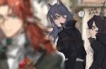  1girl 2boys ? animal_ears arknights bangs black_coat black_hair blurry chinese_text closed_mouth coat czerny_(arknights) depth_of_field distracted_boyfriend_(meme) ebenholz_(arknights) gertrude_(arknights) horns long_hair looking_at_another looking_back meme mesol_zoushidie multiple_boys simplified_chinese_text spoken_question_mark wolf_ears wolf_girl 
