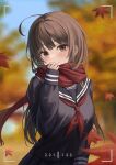  1girl ahoge autumn autumn_leaves bangs black_sailor_collar black_shirt blue_sky blurry blurry_background blush breasts brown_eyes brown_hair closed_mouth commentary eyelashes falling_leaves hair_intakes hand_up head_tilt leaf light_particles long_hair long_sleeves looking_at_viewer maple_leaf medium_breasts mookyuu9 neckerchief original outdoors red_neckerchief red_scarf sailor_collar scarf school_uniform serafuku shirt sidelocks sky sleeves_past_wrists smile solo tree upper_body viewfinder 