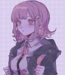  1girl bangs black_jacket black_shirt breasts character_name collared_shirt danganronpa_(series) danganronpa_2:_goodbye_despair dress_shirt flipped_hair galaga hair_ornament heart highres hood hooded_jacket jacket large_breasts long_sleeves medium_hair nanami_chiaki neck_ribbon open_clothes open_jacket parted_lips pink_ribbon ribbon ru-pe_(gstm_0915) shiny shiny_hair shirt smile solo teeth two-tone_shirt unfinished 