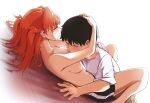  1boy 1girl between_breasts blush breasts brown_hair closed_eyes couple floor hand_on_another&#039;s_back hand_on_another&#039;s_head hand_on_floor hetero ikari_shinji j_s123 medium_breasts navel neon_genesis_evangelion open_mouth orange_hair pointy_nose shirt short_hair short_sleeves sideways_mouth souryuu_asuka_langley sweatdrop t-shirt topless white_shirt 
