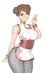  1girl arm_behind_back bracelet breasts brown_eyes brown_hair china_dress chinese_clothes chun-li double_bun dress earrings fishnet_pantyhose fishnets flame_print hair_bun highres jewelry large_breasts meekohopanes pantyhose short_dress solo street_fighter v white_background wide_hips 