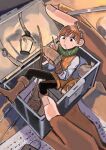  1boy absurdres black_eyes black_pants boots bow_(weapon) brown_footwear brown_hair chilchuck dungeon_meshi gloves halfling highres holding indoors jacket lamp long_sleeves looking_at_object male_focus mouth_hold pants paper ribelle0804 short_hair sitting treasure_chest weapon 