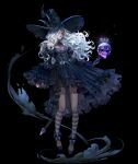  1girl black_background black_dress breasts character_name cleavage dark_background dress english_commentary english_text engrish_commentary floating frilled_dress frills full_body hat highres holding holding_staff kneehighs long_sleeves medium_breasts original purple_eyes skull socks solo staff torn_clothes wide_sleeves wind witch_hat yeonjun_park 