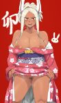  1girl absurdres alternate_hairstyle animal_ears bangs bare_shoulders blush boku_no_hero_academia breasts dark-skinned_female dark_skin female_pubic_hair floral_print highres japanese_clothes kimono large_breasts lifted_by_self long_eyelashes long_hair looking_at_viewer minakami_(flyingman555) mirko nipple_slip nipples no_panties obi off_shoulder open_mouth parted_bangs pink_kimono pink_nails ponytail pubic_hair pussy pussy_juice pussy_juice_trail rabbit_ears rabbit_girl rabbit_print red_background red_eyes sash solo steaming_body sweatdrop thighs white_hair 