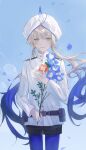  1boy absurdres aqua_eyes bangs black_shorts blue_flower blue_hair blue_pantyhose captain_nemo_(fate) cloud day fate/grand_order fate_(series) flower gradient_hair grey_hair hair_between_eyes hat_feather highres holding holding_flower jacket long_hair looking_at_viewer low_twintails male_focus multicolored_hair nemo_(fate) outdoors pantyhose parted_lips petals red_flower sherry_0014 shorts sky solo turban twintails very_long_hair white_headwear white_jacket 