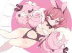  1girl animal_ears animal_hands blade_(galaxist) breasts closed_mouth commentary_request fake_animal_ears flower gloves hair_between_eyes hair_flower hair_ornament long_sleeves looking_at_viewer medium_breasts navel original paw_gloves pink_sleeves puffy_long_sleeves puffy_sleeves purple_eyes rabbit_ears red_hair solo thighhighs white_gloves white_thighhighs 