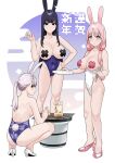  3girls animal_ears ass back bangs bare_legs black_eyes black_hair blunt_bangs blush breasts chopsticks cigarette cleavage fffukuzawa food grill hand_on_hip high_heels hikimayu holding holding_chopsticks large_breasts looking_at_viewer mochi multiple_girls original pasties pink_footwear pink_hair playboy_bunny ponytail purple_hair rabbit_ears rabbit_girl rabbit_tail red_eyes shichirin spread_legs squatting tail white_footwear 