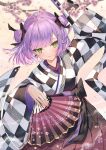  1girl blush bow checkered_clothes earrings fishnet_gloves fishnets flower gloves hair_ornament hair_ribbon hand_fan highres hololive japanese_clothes jewelry kimono long_sleeves multiple_hairpins purple_hair ribbon runlan_0329 smile tokoyami_towa two_side_up virtual_youtuber yellow_eyes 